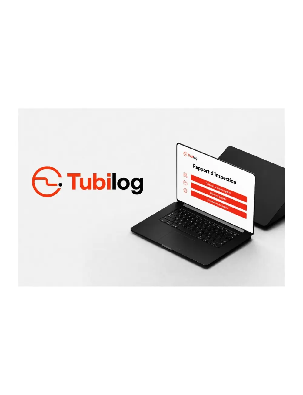 Ordinateur portable affichant le logiciel Tubilog et l'écran Rapport d'inspection, avec le logo Tubilog sur fond clair